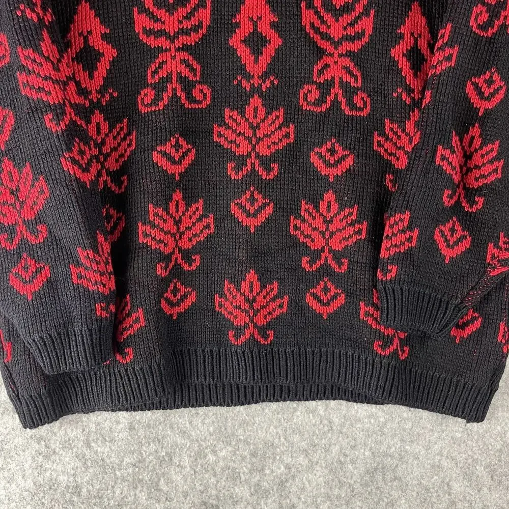 Vintage Yellow Rose Sweater Womens Medium Red Floral‎ Knit Artsy Hong Kong 80s